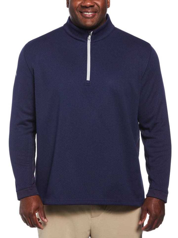 Big & Tall Eco Textured Hexagon Print Midweight Half Zip Golf Shirt (Peacoat) 