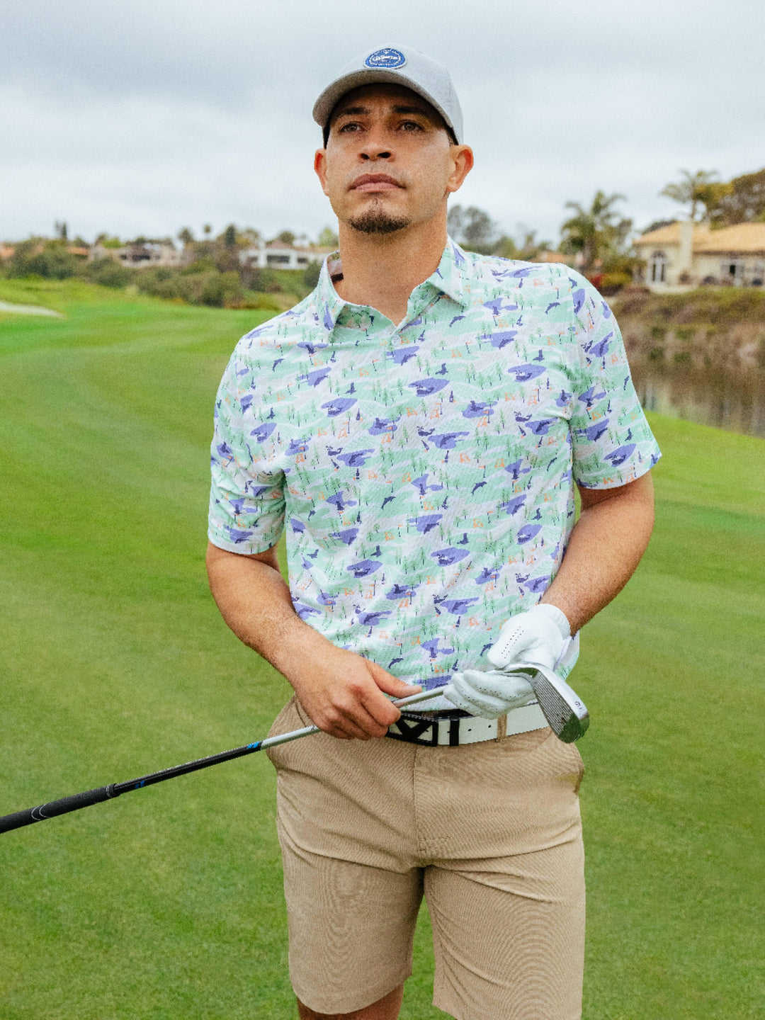 Abstract Coastal Print Golf Polo (Bright White) 
