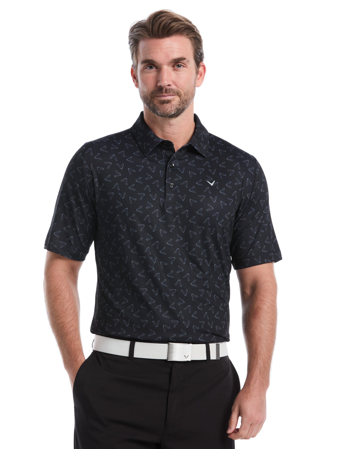 All-Over Chevron Printed Golf Polo (Caviar) 