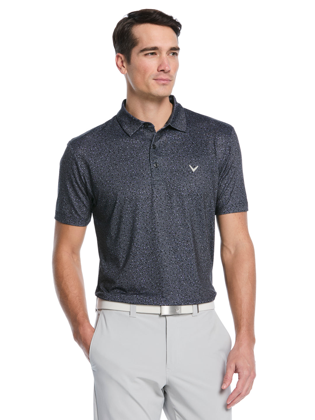 Men's Confetti Floral Print Golf Polo (Caviar/Sand Verbena) 