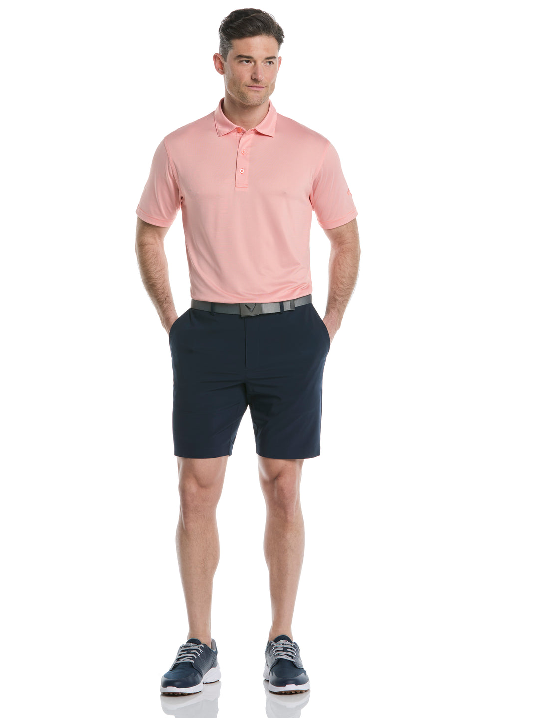 Fine Line Stripe Golf Polo Shirt (Coral Chic) 