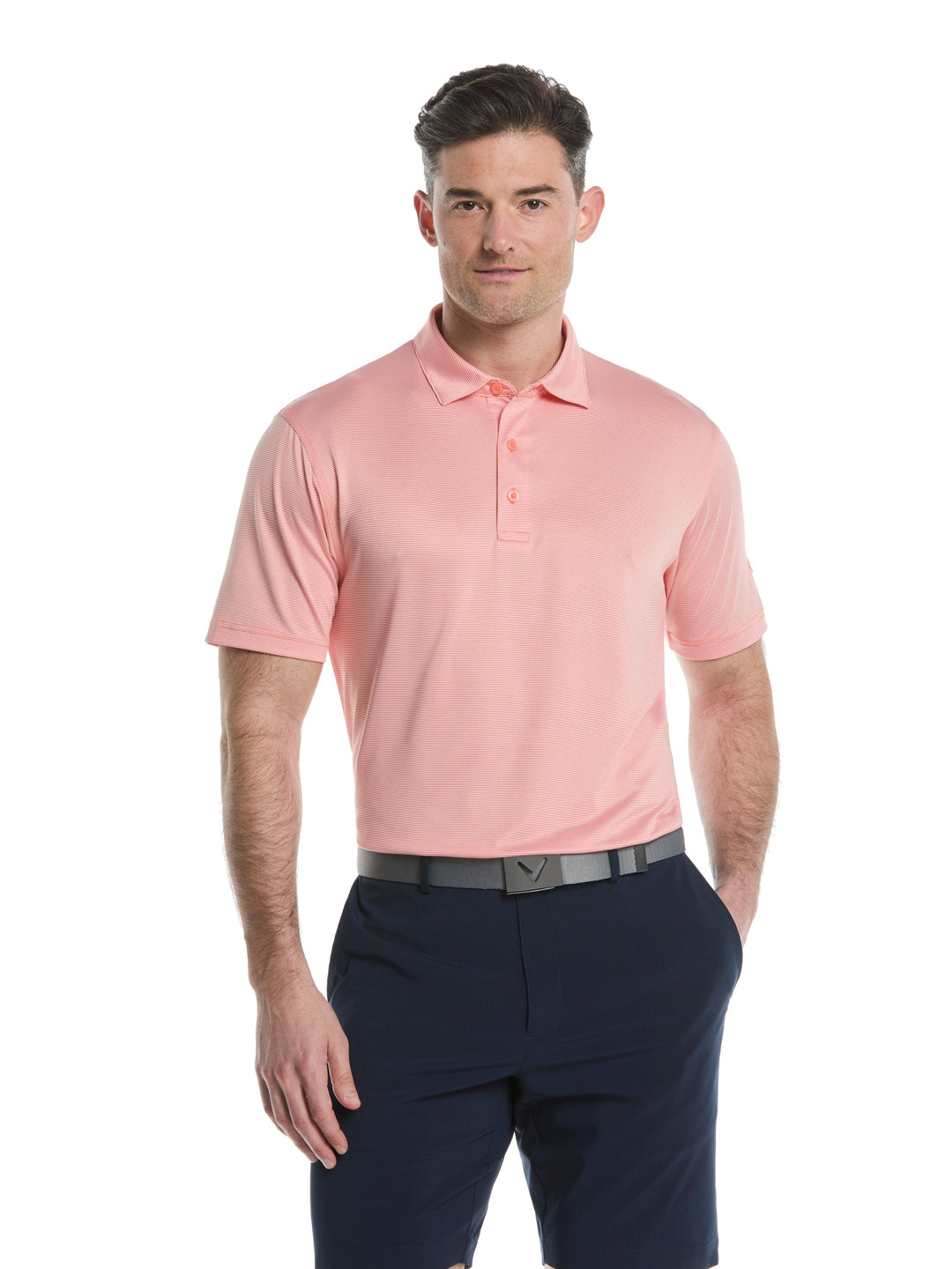 Fine Line Stripe Golf Polo Shirt (Coral Chic) 
