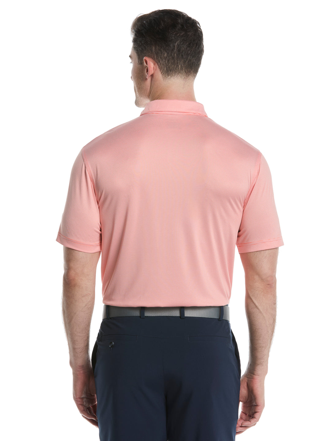 Fine Line Stripe Golf Polo Shirt (Coral Chic) 