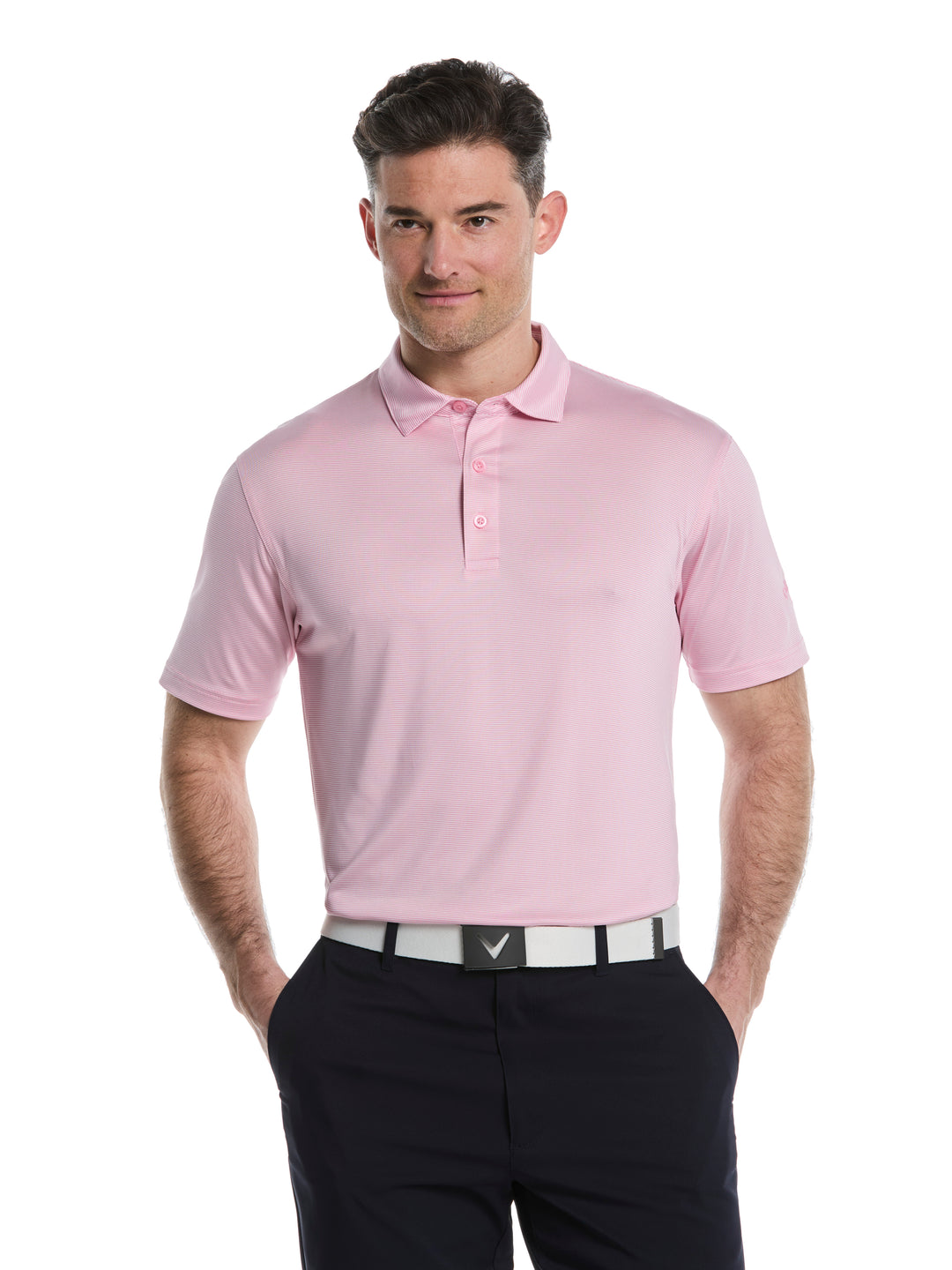 Fine Line Stripe Golf Polo Shirt (Sea Pink) 