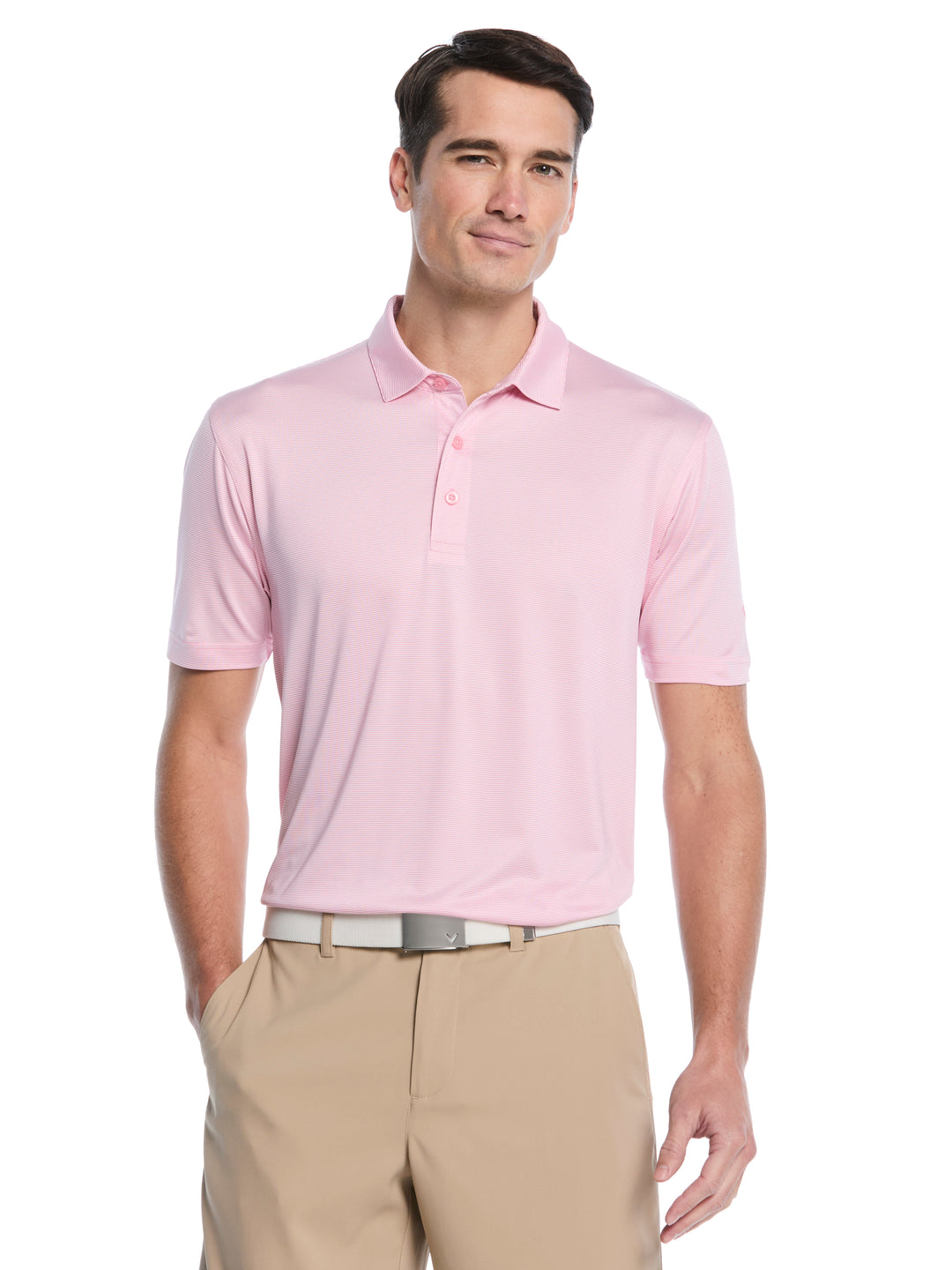 Fine Line Stripe Golf Polo Shirt (Sea Pink) 