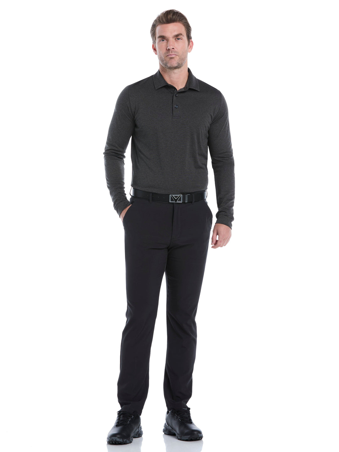 Swing Tech™ Essential Long Sleeve Golf Polo (Black Heather) 