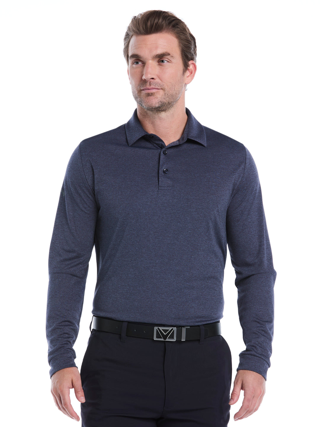 Swing Tech™ Essential Long Sleeve Golf Polo (Navy Chambry Htr) 