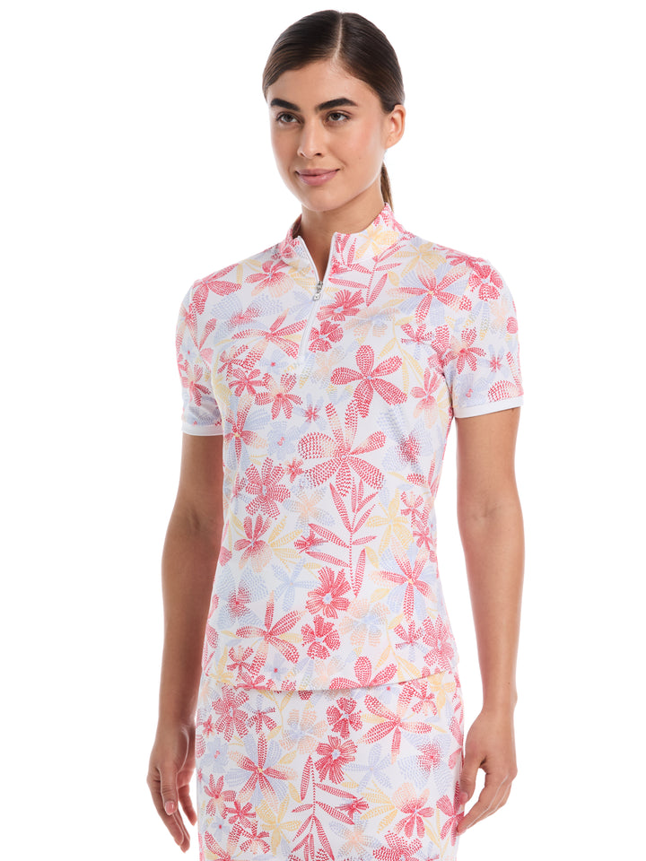 Abstract Floral Print Zip Golf Polo (Bittersweet) 