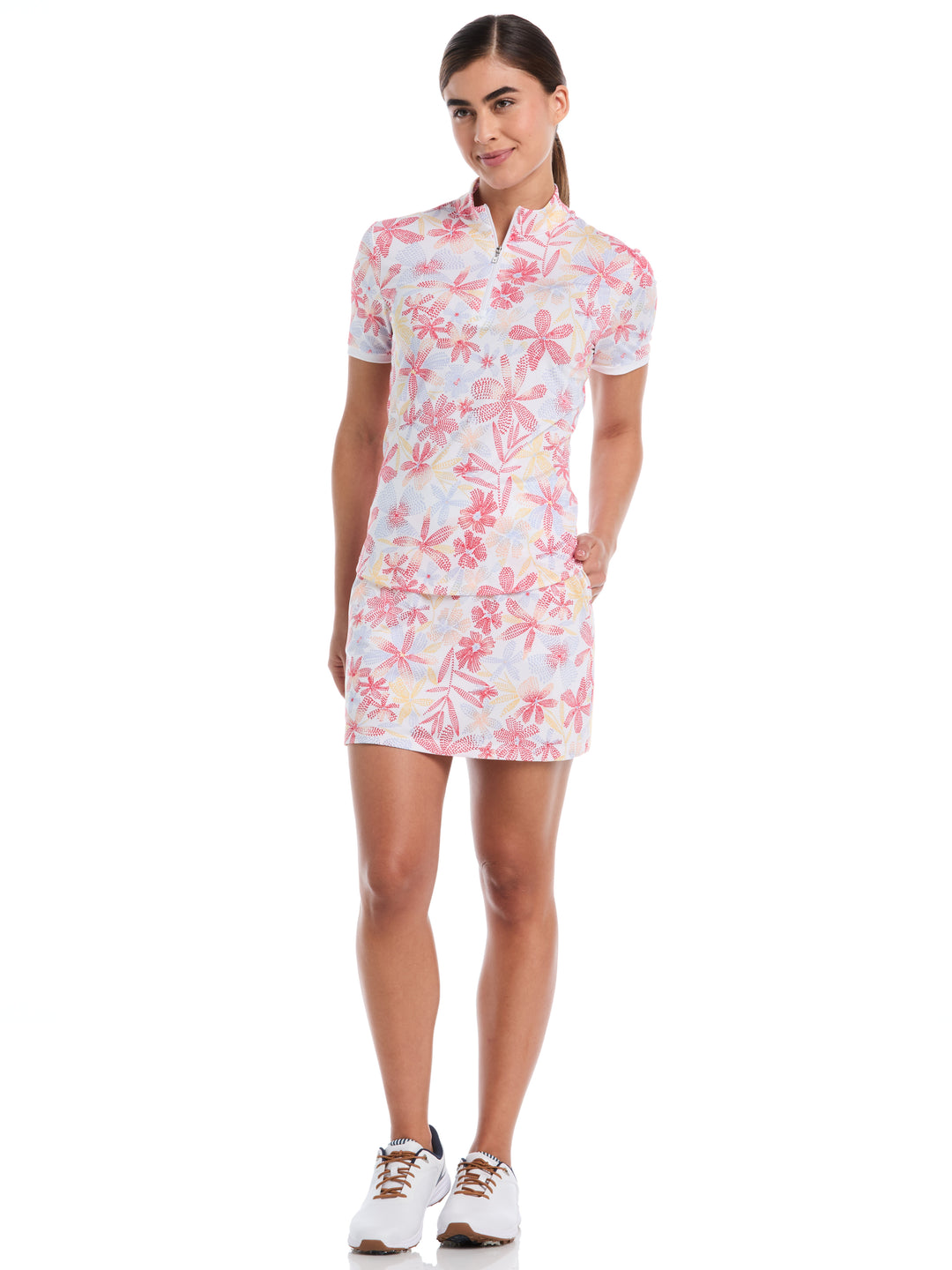 Abstract Floral Print Zip Golf Polo (Bittersweet) 