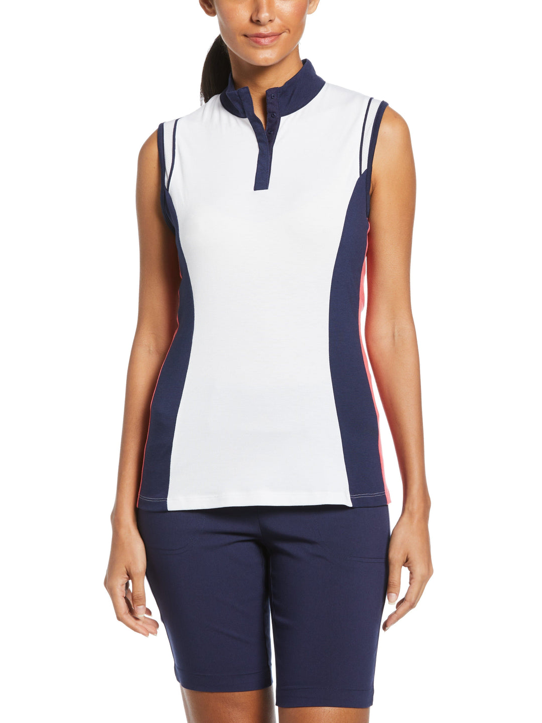 Color Block Snap Front Golf Polo with Mesh Top Detail (Brilliant White) 