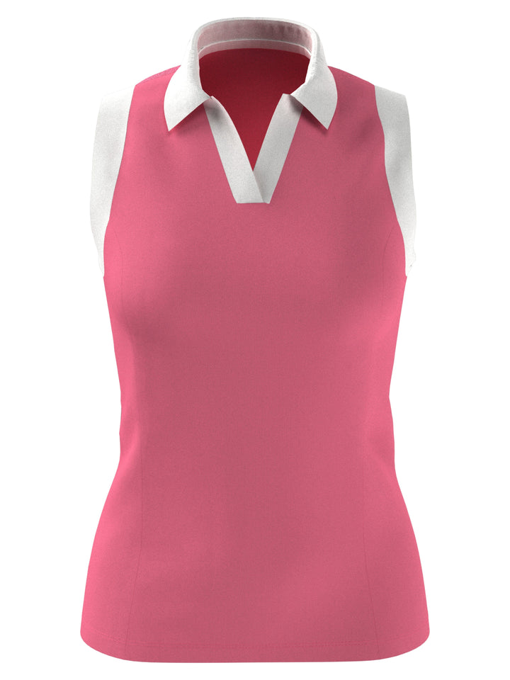 Women's Color Block V-Placket Sleeveless Golf Polo Shirt (Pink Lemonade) 