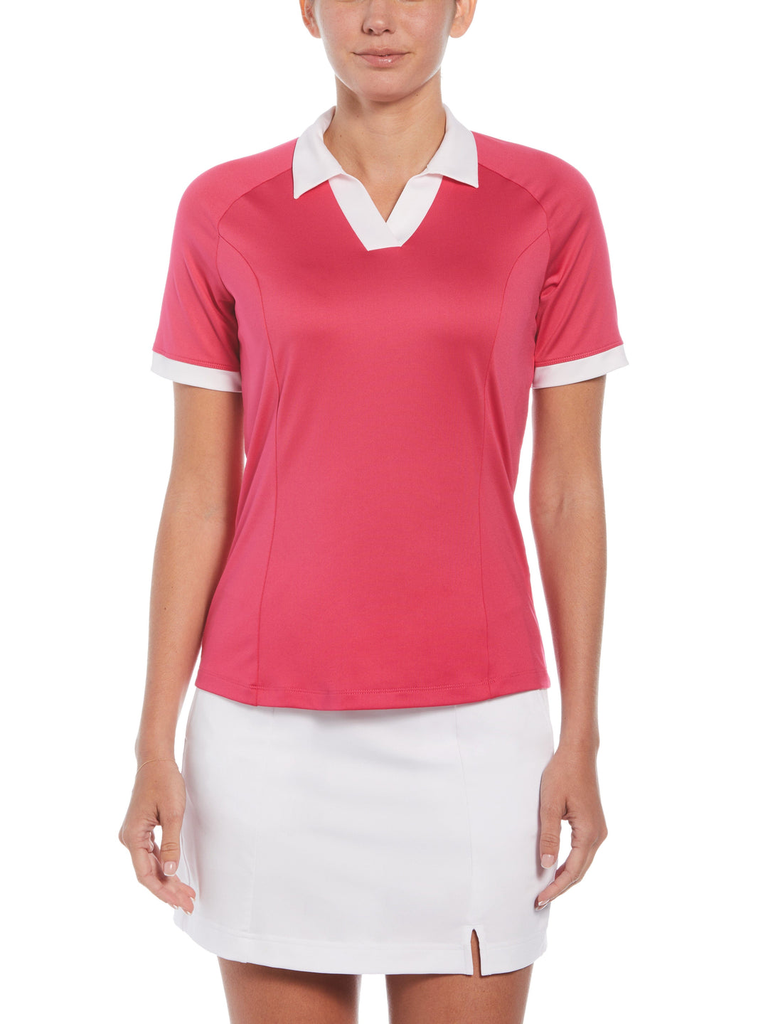 V-Placket Colourblock Polo Top (Pink Peacock) 