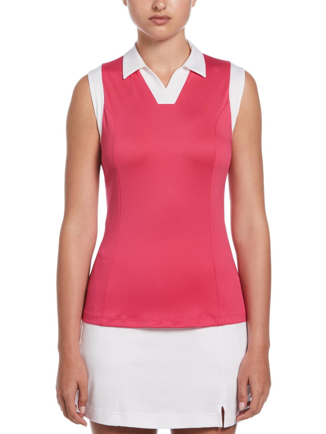 Women's Color Block V-Placket Sleeveless Golf Polo Shirt (Pink Peacock) 