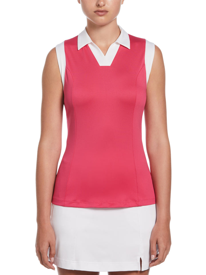 Women's Color Block V-Placket Sleeveless Golf Polo Shirt (Pink Peacock) 
