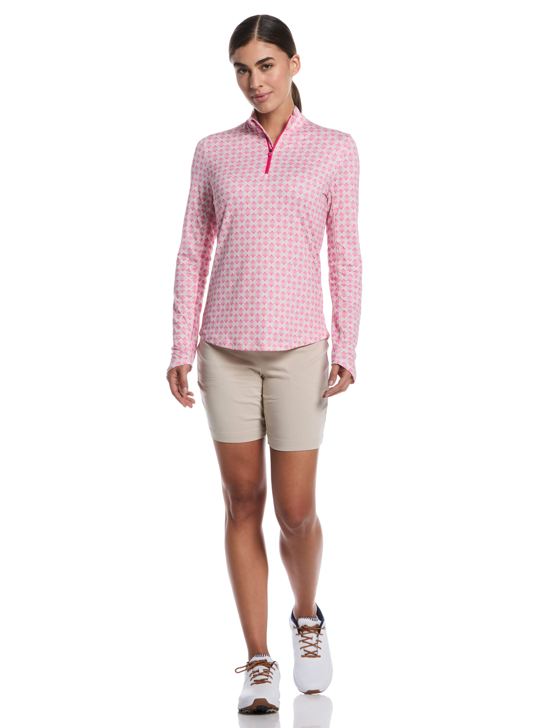 Women's Deco Geo Print Long Sleeve Sun Protection Golf Shirt (Fuchsia Purple) 