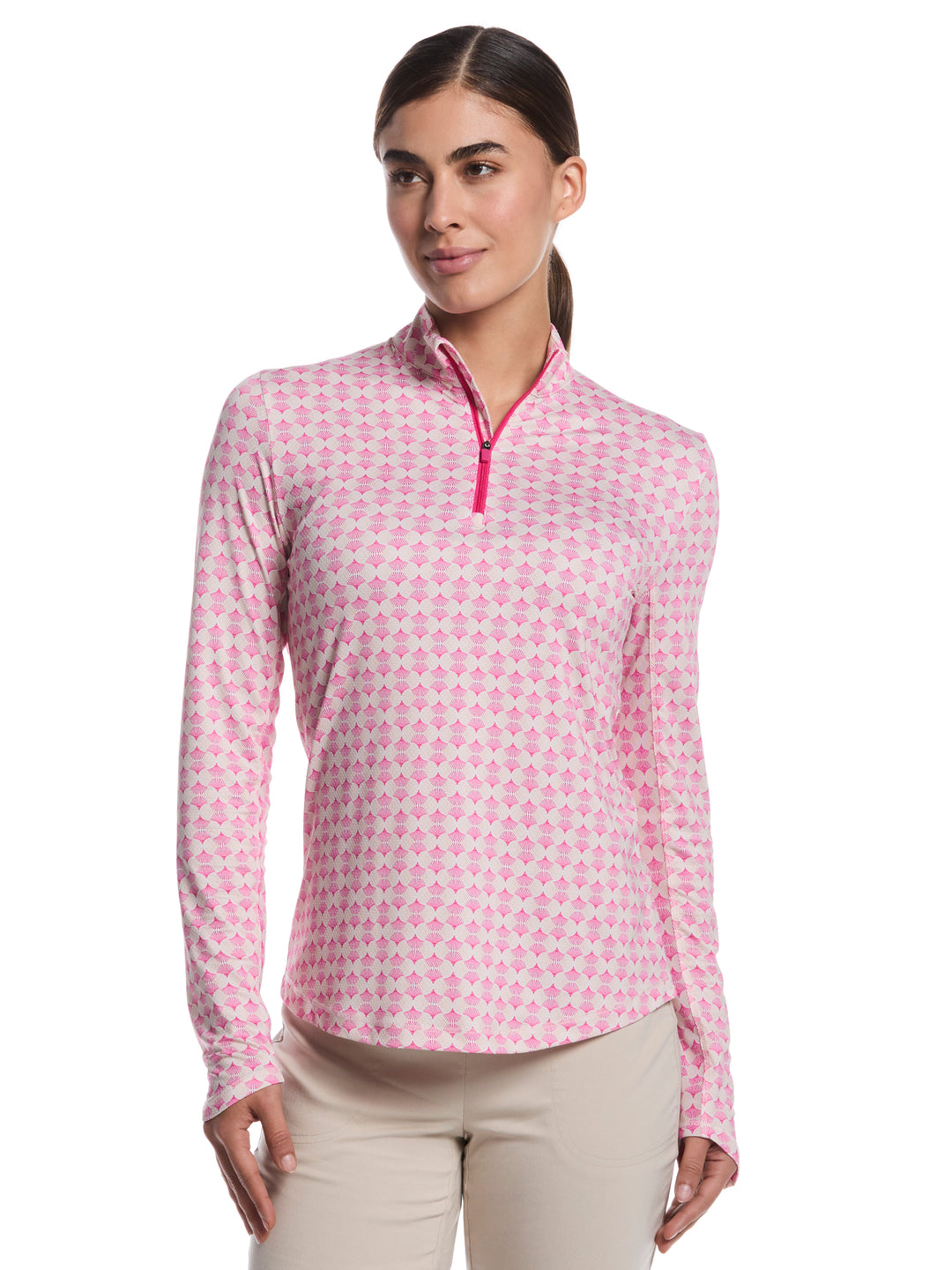 Women's Deco Geo Print Long Sleeve Sun Protection Golf Shirt (Fuchsia Purple) 