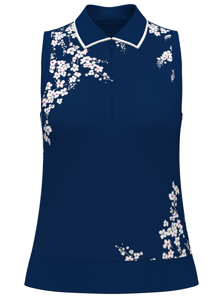 Women's Floral Blossom Print Ribbed Golf Top (Blue Depths) 