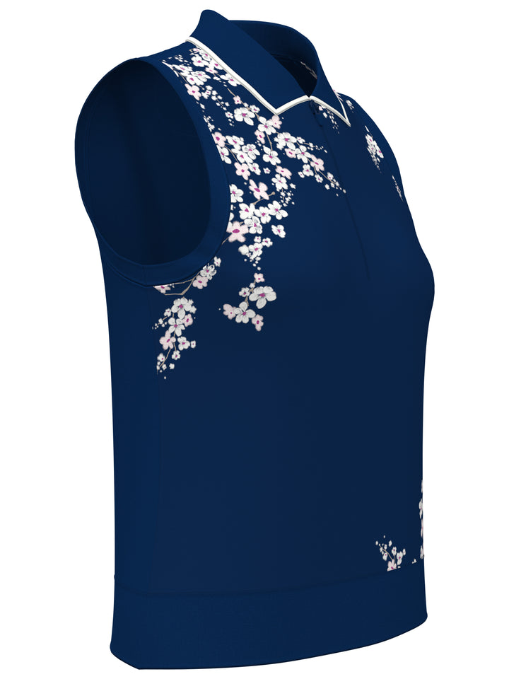 Women's Floral Blossom Print Ribbed Golf Top (Blue Depths) 