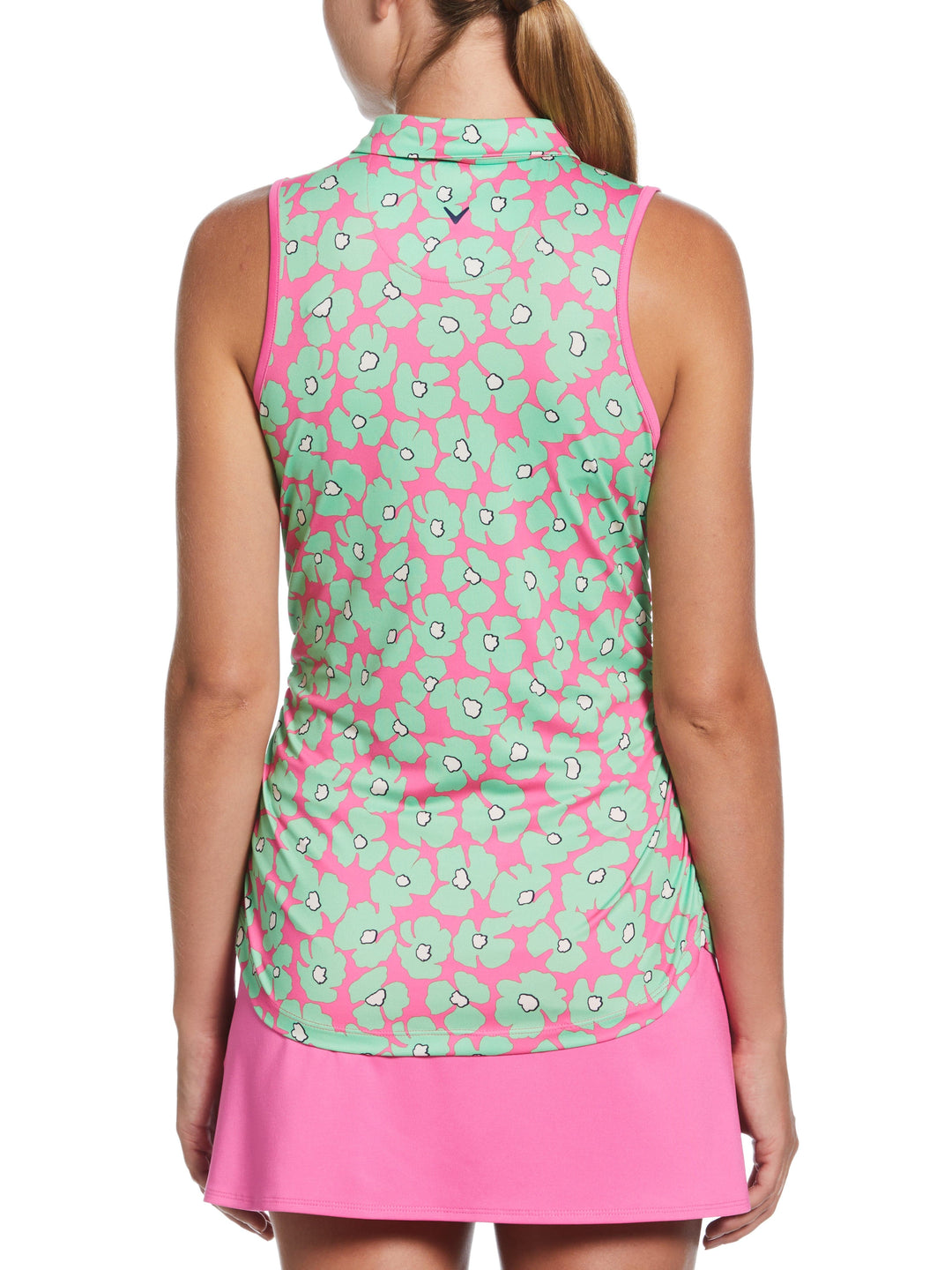 Women's Floral Sleeveless Golf Shirt with Mini Collar and Side Shirring (Cheeky Pink) 