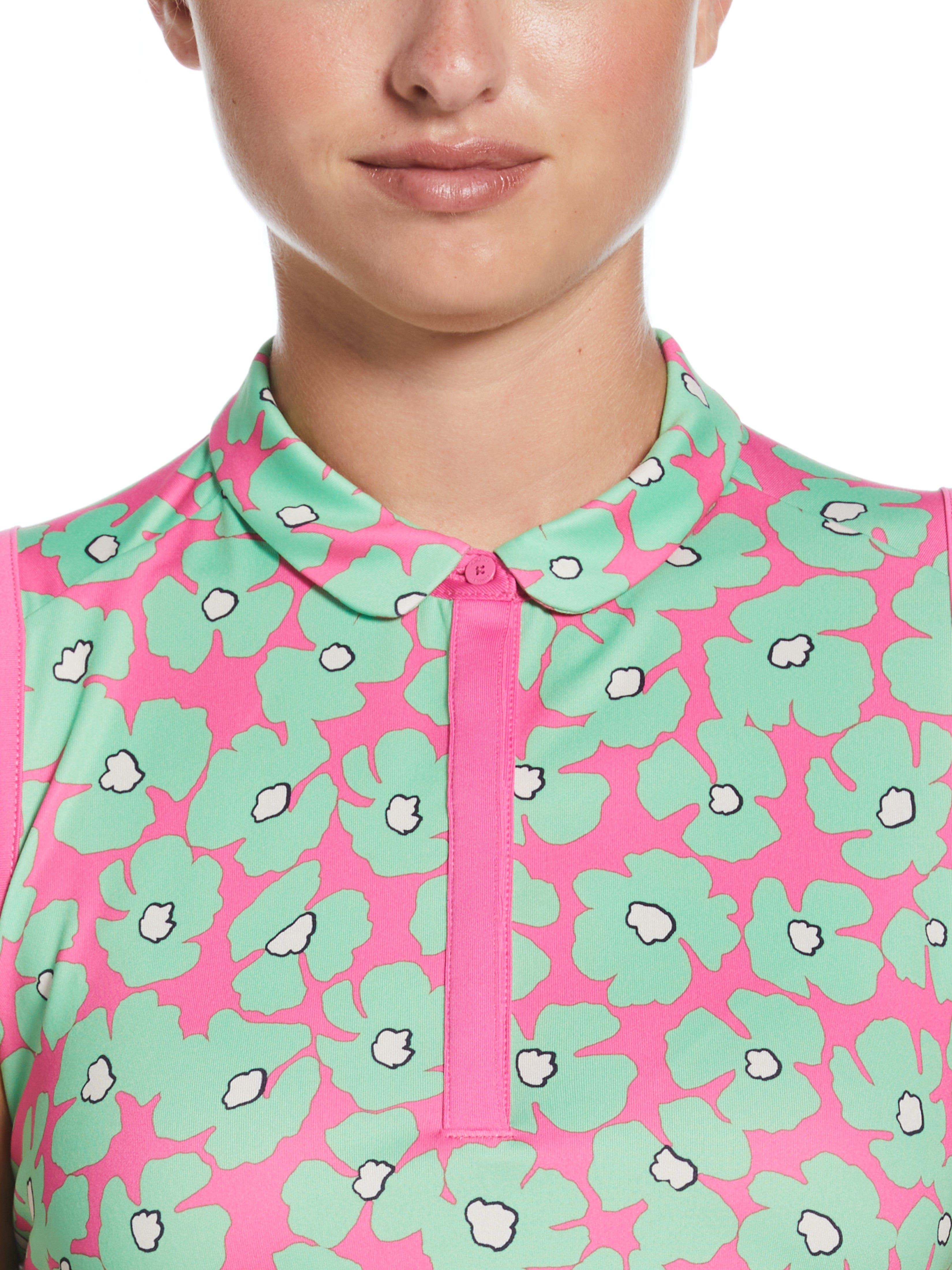 Womens Floral Sleeveless Golf Shirt with Mini Collar and Side