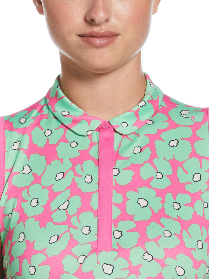 Women's Floral Sleeveless Golf Shirt with Mini Collar and Side Shirring (Cheeky Pink) 
