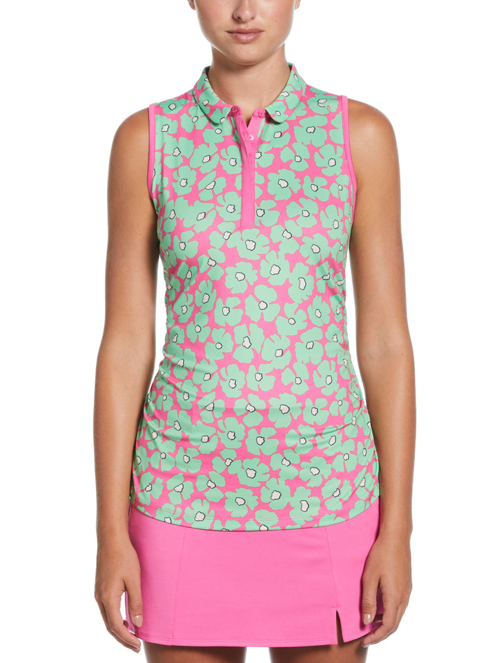 Women's Floral Sleeveless Golf Shirt with Mini Collar and Side Shirring (Cheeky Pink) 