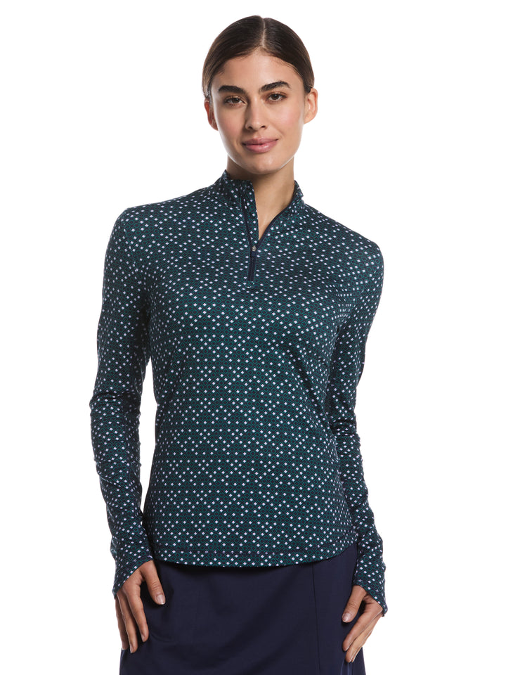 Women's Long Sleeve Framing Geo Print Golf Shirt (Peacoat) 