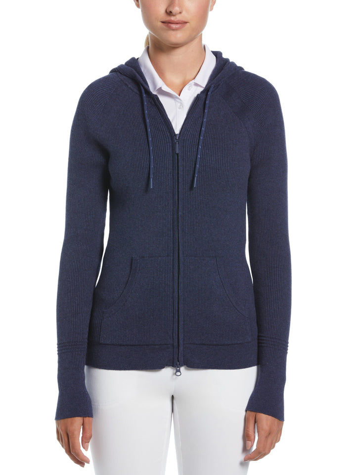 Womens Full-Zip Texture Hoodie Sweater (Navy Heather) 
