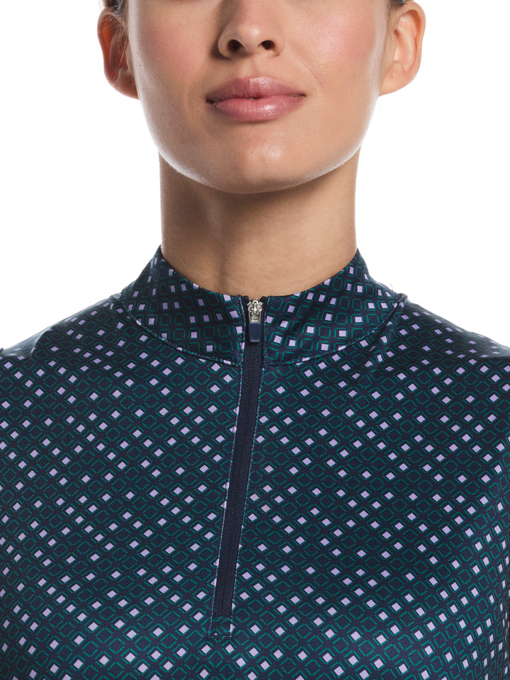 Women's Geo Print 1/4 Zip Sleeveless Mock Neck Golf Shirt (Peacoat) 