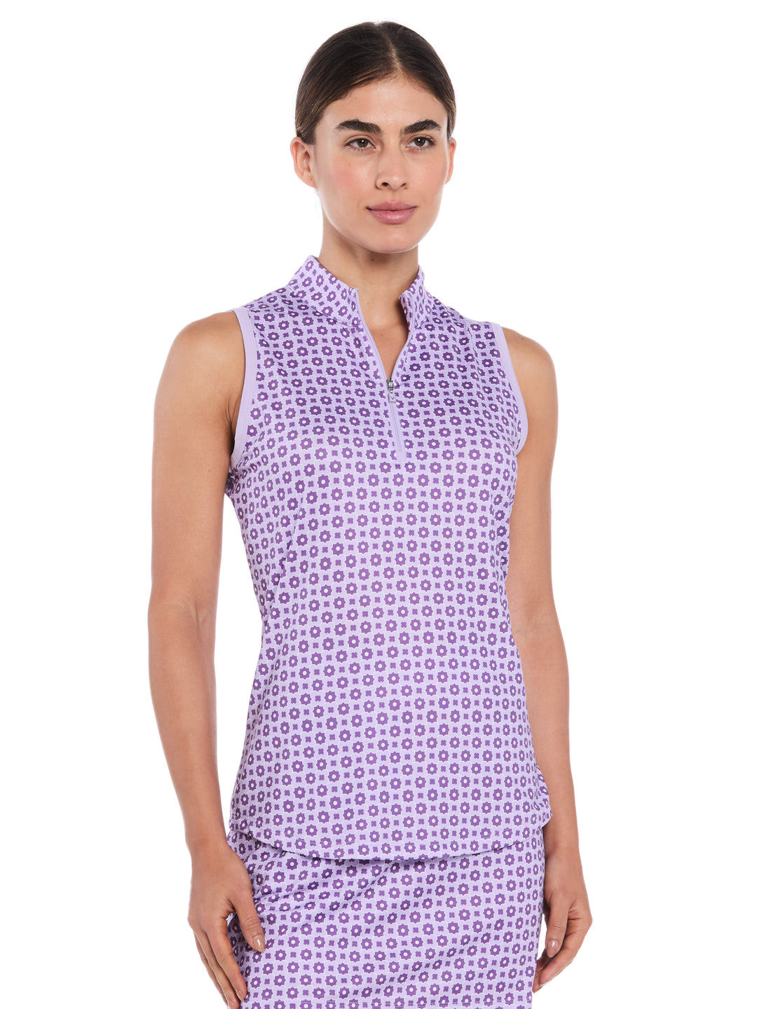 Women's Geo Print Zip Neck Golf Polo (Brilliant White) 
