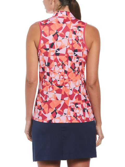 Geometric Floral Print Golf Shirt with Snap Placket (Pink Peacock) 