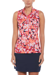 Geometric Floral Print Golf Shirt with Snap Placket (Pink Peacock) 