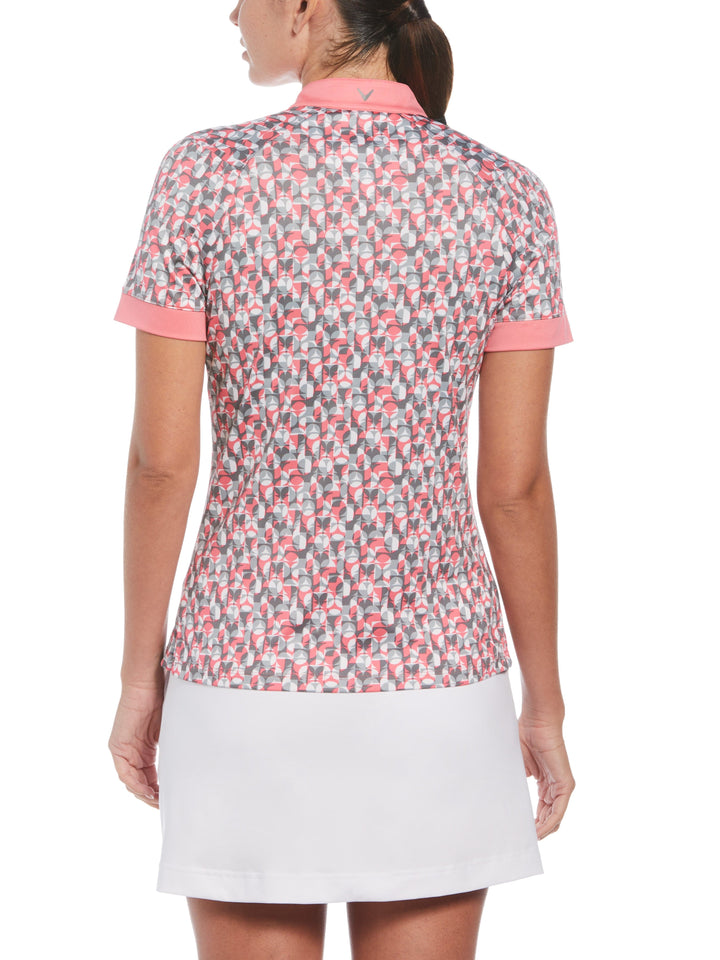Geometric Illusion Print Golf Polo with Hidden Zipper (Pink Lemonade) 