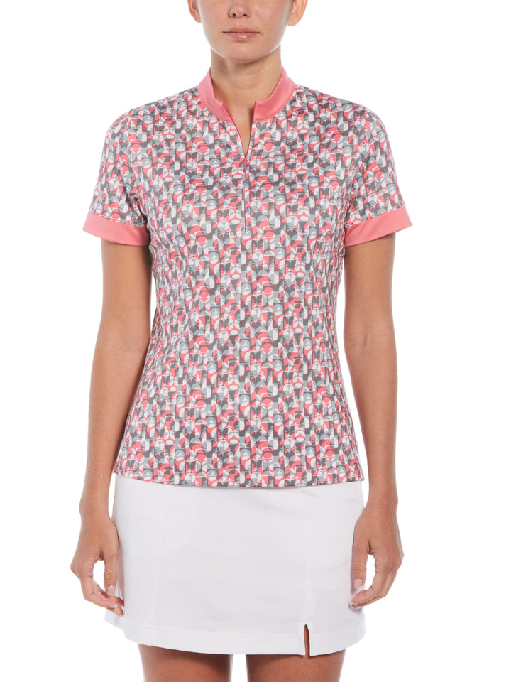 Geometric Illusion Print Golf Polo with Hidden Zipper (Pink Lemonade) 