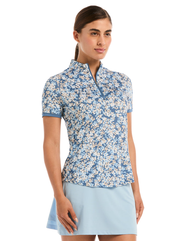 Womens Layered Floral Print Zip Mock Neck Polo-Polos-Blue Horizon-XS-Callaway