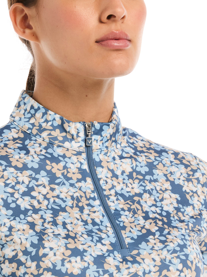 Womens Layered Floral Print Zip Mock Neck Polo-Polos-Callaway