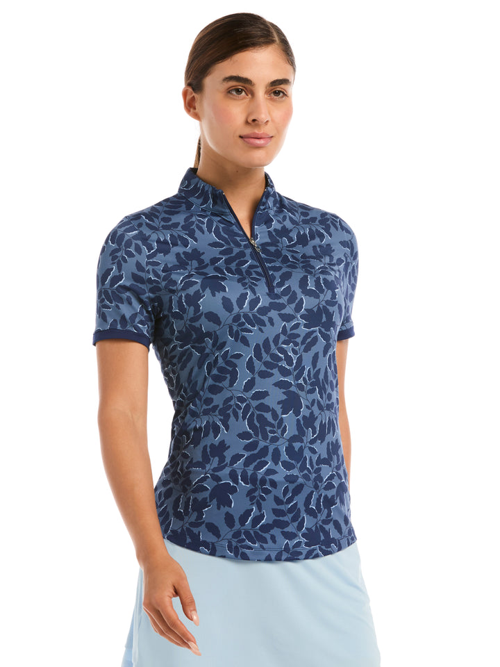Womens Leafy Floral Zip Polo-Polos-Blue Depths-XS-Callaway