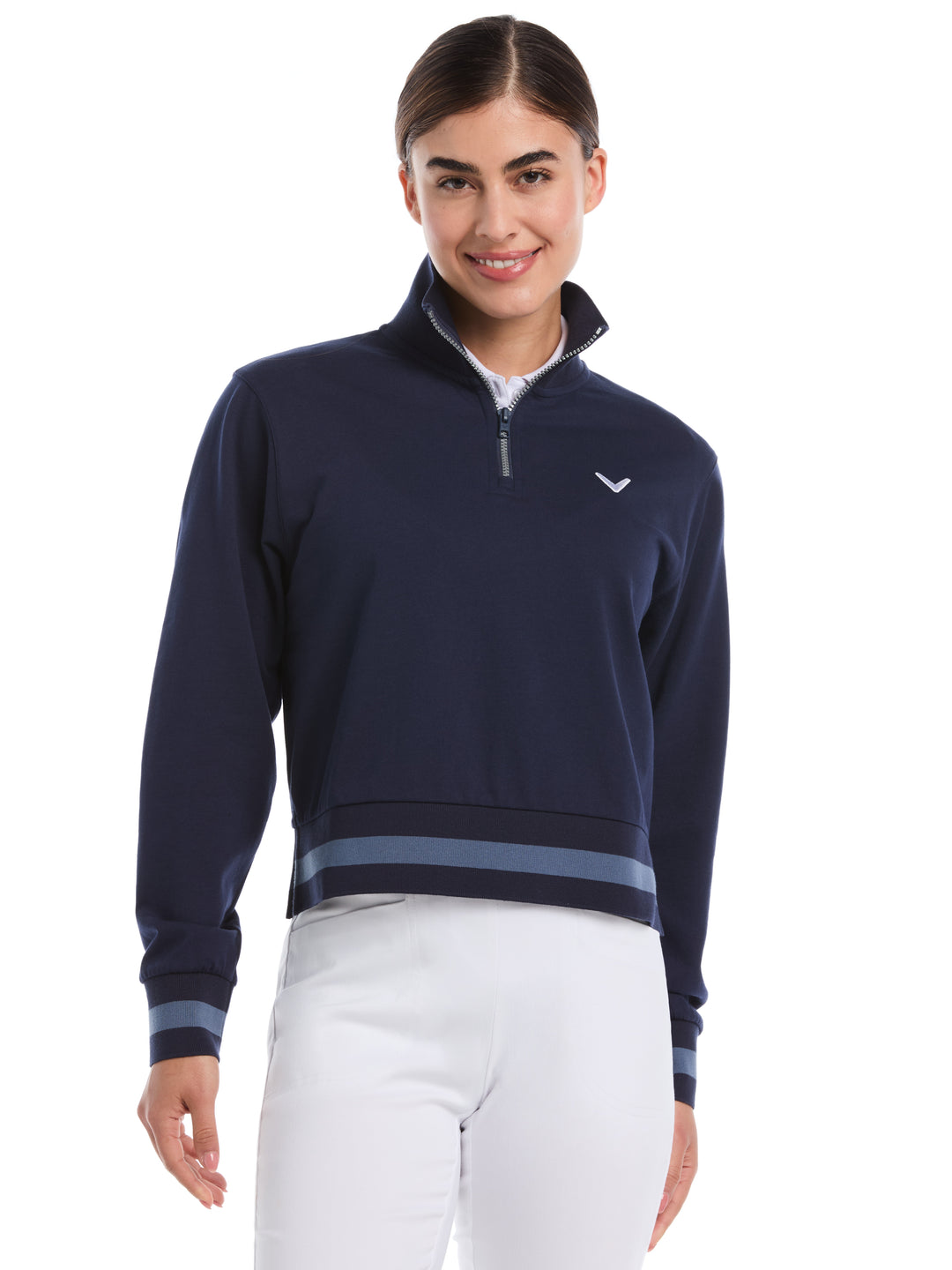 Lightweight Cropped 1/4 Zip Golf Shirt with Side Slits (Peacoat) 
