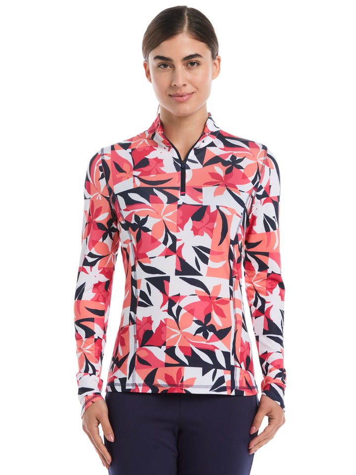 Womens Long Sleeve Tropical Collage Print Pullover (Brilliant White) 