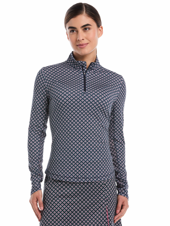 Women's Mini Geo Print Long Sleeve Golf Shirt (Peacoat) 