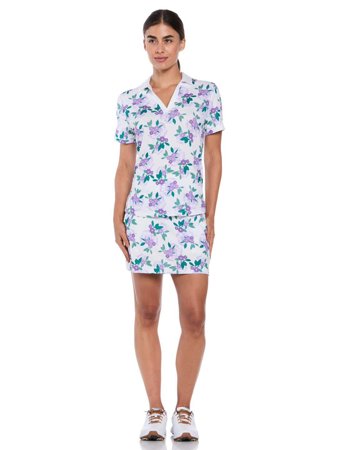 Women's Open Floral Print Golf Polo (Pastel Lilac) 