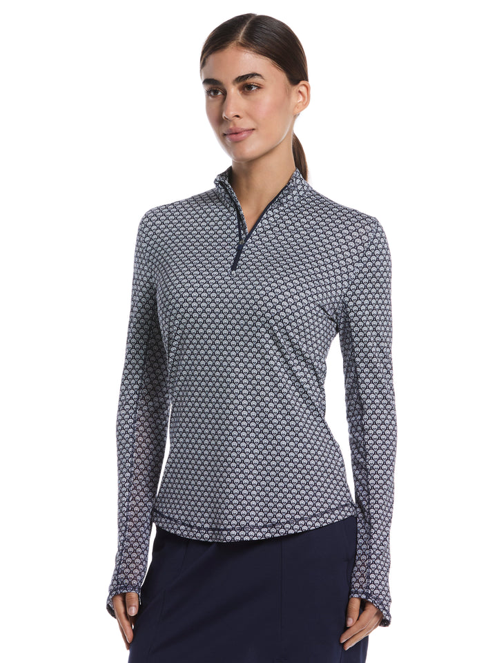 Women's Scarf Geo Print Long Sleeve Golf Shirt (Peacoat) 