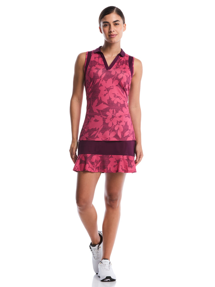 Women's Sleeveless Floral Printed Polo (Carmine) 