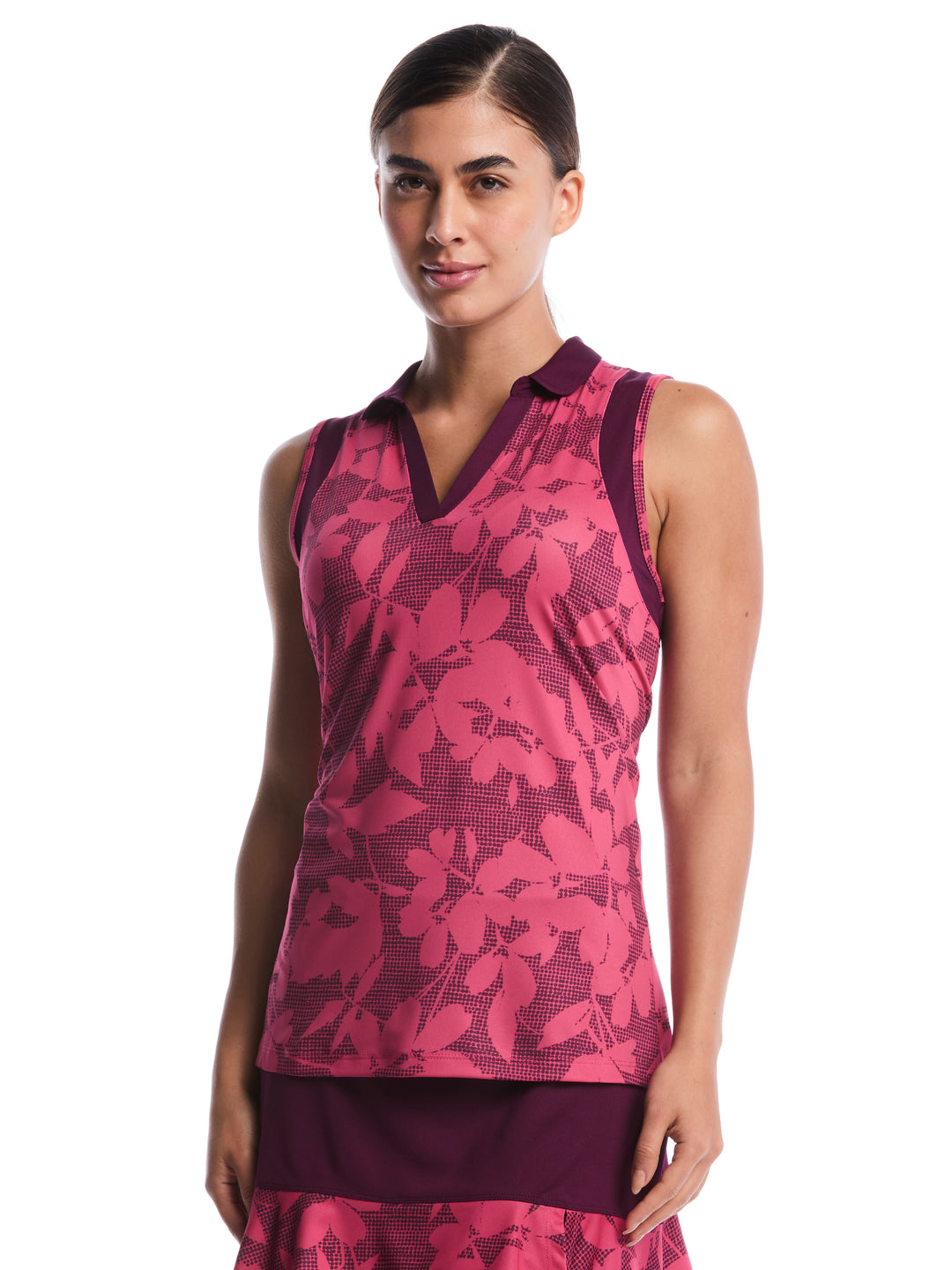 Women's Sleeveless Floral Printed Polo (Carmine) 