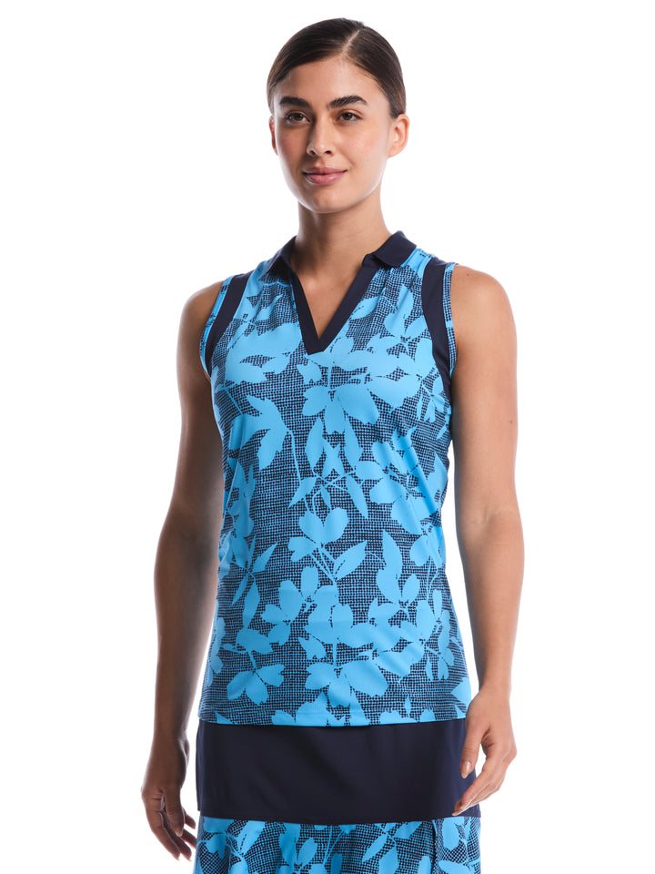 Women's Sleeveless Floral Printed Polo (Ethereal Blue) 
