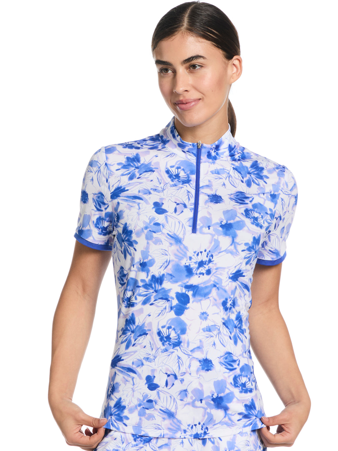 Women's Watercolor Print Zip Golf Polo (Blue Tattoo) 