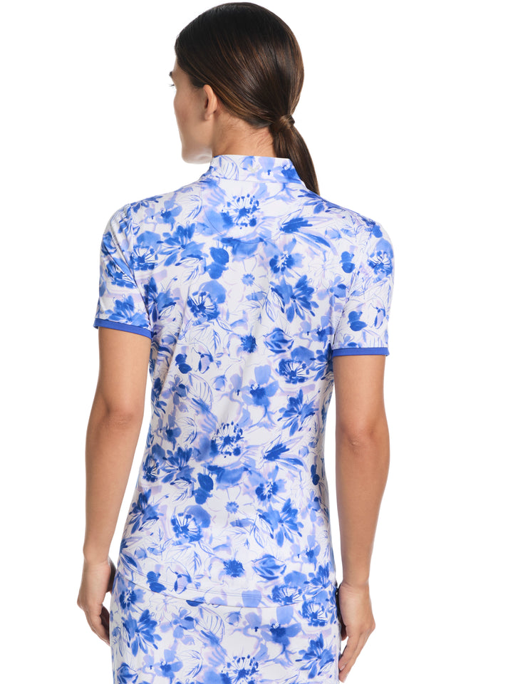 Women's Watercolor Print Zip Golf Polo (Blue Tattoo) 