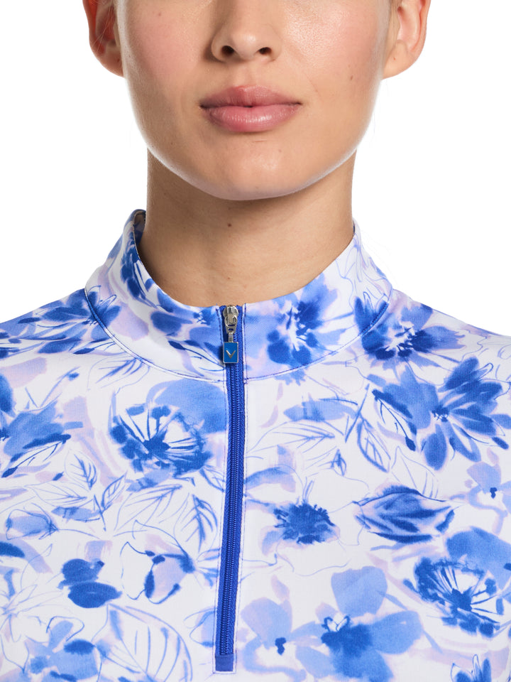 Women's Watercolor Print Zip Golf Polo (Blue Tattoo) 