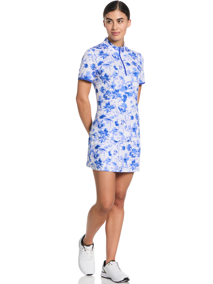 Women's Watercolor Print Zip Golf Polo (Blue Tattoo) 