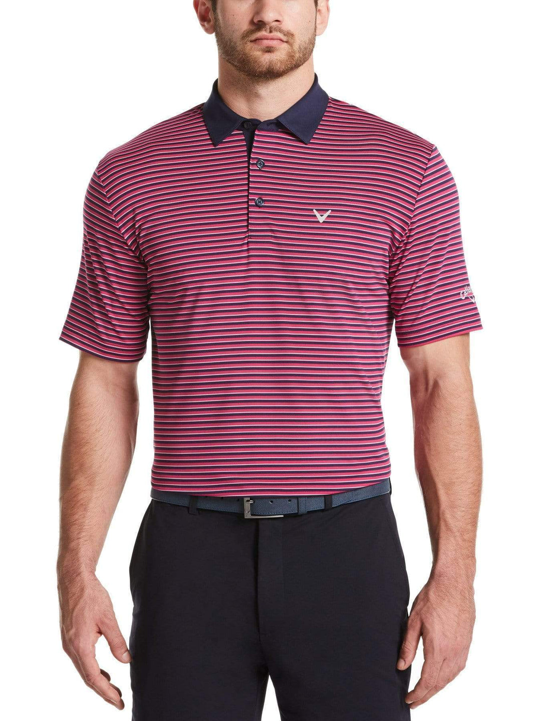 Mens Refined 3-Color Yarn-Dyed Stripe Golf Polo-Polos-Boudoir Red-XL-Callaway Apparel